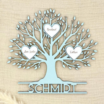 Familienschild Stammbaum aus Holz personalisiert – mit Herzen & bis zu 30 Namen