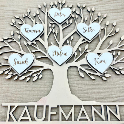 Familienstammbaum aus Holz mit Familienname & Herzen
