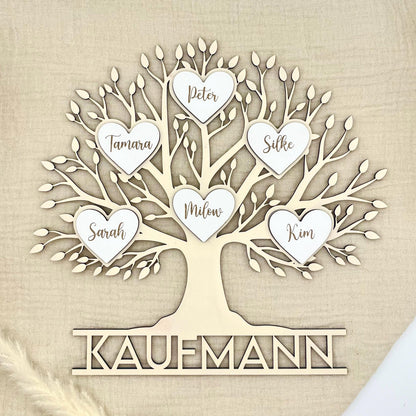 Familienschild Stammbaum aus Holz personalisiert – mit Herzen & bis zu 30 Namen