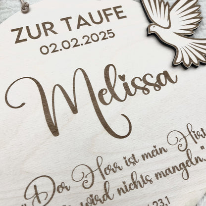 Personalisiertes Taufschild mit Name, Taufdatum Taufspruch, individuelles Geschenk zur Taufe, Geburt für Junge Mädchen Eltern Taube Taufpate