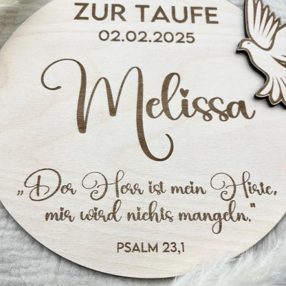 Personalisiertes Taufschild mit Name, Taufdatum Taufspruch, individuelles Geschenk zur Taufe, Geburt für Junge Mädchen Eltern Taube Taufpate