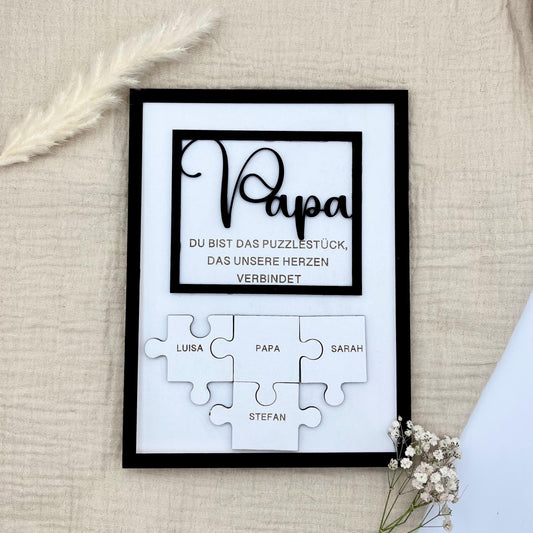 Personalisiertes Puzzle Papa – Vatertag Geschenk mit Namen & 3D-Schriftzug im Holzrahmen