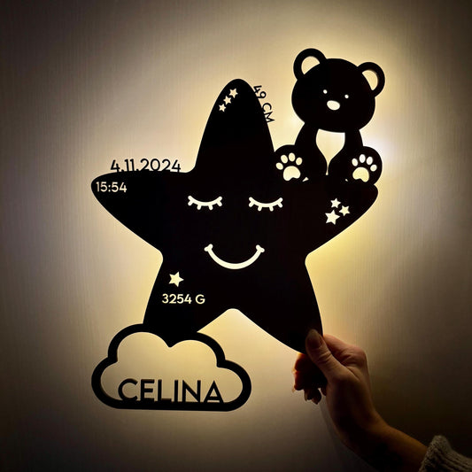 Schlummerlicht personalisiert Stern, Nachtlicht Holz mit Namen, Baby Nachtlampe, Geschenk Gburt & Taufe Junge und Mädchen, Neugeborenes