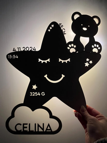 Schlummerlicht personalisiert Stern, Nachtlicht Holz mit Namen, Baby Nachtlampe, Geschenk Gburt & Taufe Junge und Mädchen, Neugeborenes