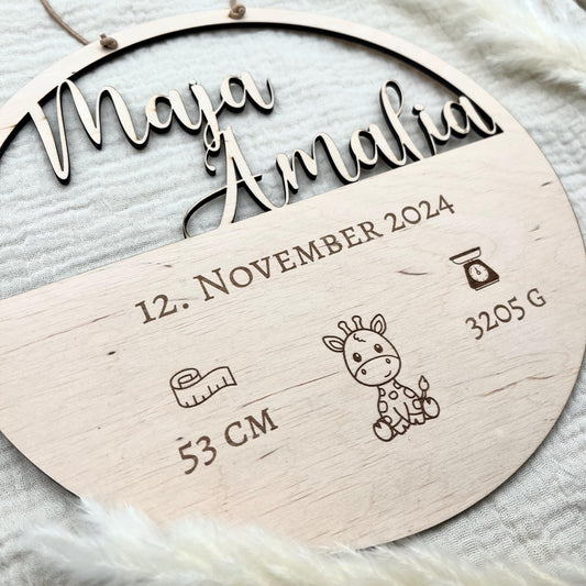 Personalisiertes Geburtsschild, Geschenk aus Holz mit Namen, Wanddeko, Namensschild oder Traumfänger, Geschenk Geburt & Taufe | ø 25 cm