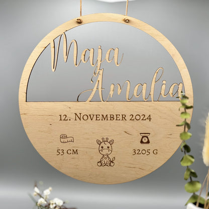 Personalisiertes Geburtsschild, Geschenk aus Holz mit Namen, Wanddeko, Namensschild oder Traumfänger, Geschenk Geburt & Taufe | ø 25 cm