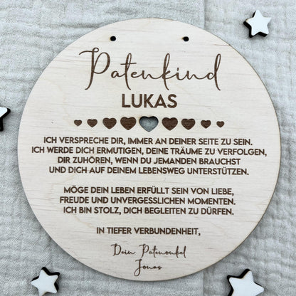 Taufgeschenk Patenkind  Personalisiertes Holz Taufschild mit Name, Datum & Spruch von Patentante und Patenonkel