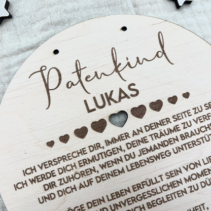 Taufgeschenk Patenkind  Personalisiertes Holz Taufschild mit Name, Datum & Spruch von Patentante und Patenonkel