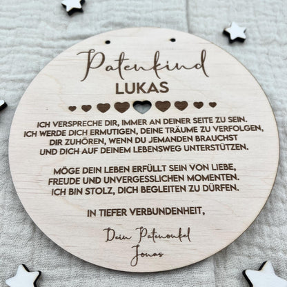 Taufgeschenk Patenkind  Personalisiertes Holz Taufschild mit Name, Datum & Spruch von Patentante und Patenonkel