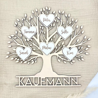 Familienstammbaum aus Holz mit Familienname & Herzen