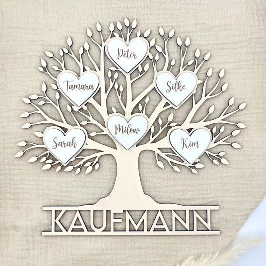 Familienschild Stammbaum aus Holz personalisiert – mit Herzen & bis zu 30 Namen