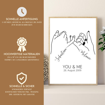 Personalisiertes Poster, Hochzeitsgeschenk Namen Datum, Hochzeitsbild Hand in Hand Brautpaar, Jahrestag Valentinstag Hochzeitstag Paare