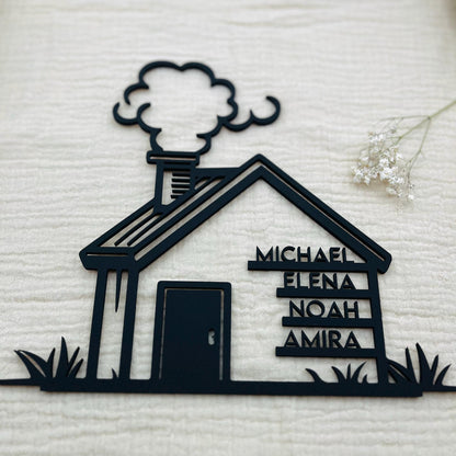 Familienschild personalisiert Hausform, stilvolles Richtfest Geschenk & Einzug Deko, individuelles Holzschild mit Vornamen