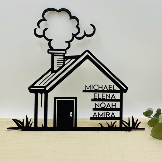 Familienschild personalisiert Hausform, stilvolles Richtfest Geschenk & Einzug Deko, individuelles Holzschild mit Vornamen