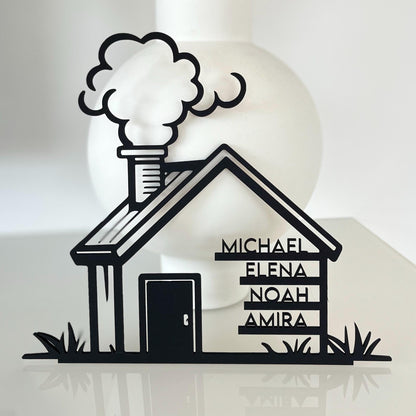 Familienschild personalisiert Hausform, stilvolles Richtfest Geschenk & Einzug Deko, individuelles Holzschild mit Vornamen