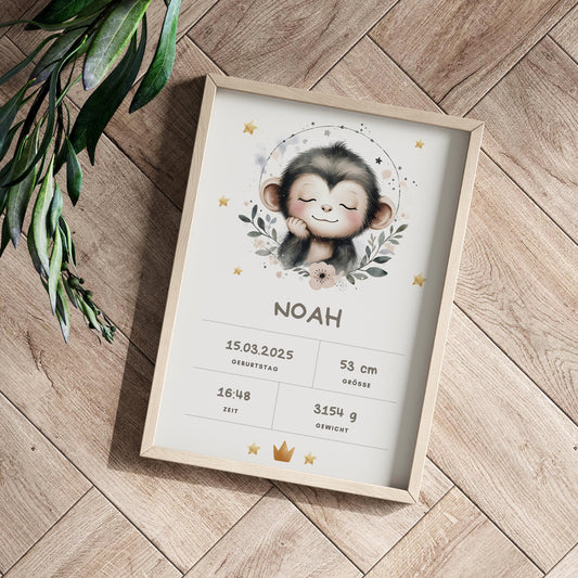 Personalisiertes Kinderzimmerposter mit Äffchen, Babybild mit Namen, Geburtsdaten Kinderzimmer Deko | Geschenk zur Geburt, Taufe & Babyparty