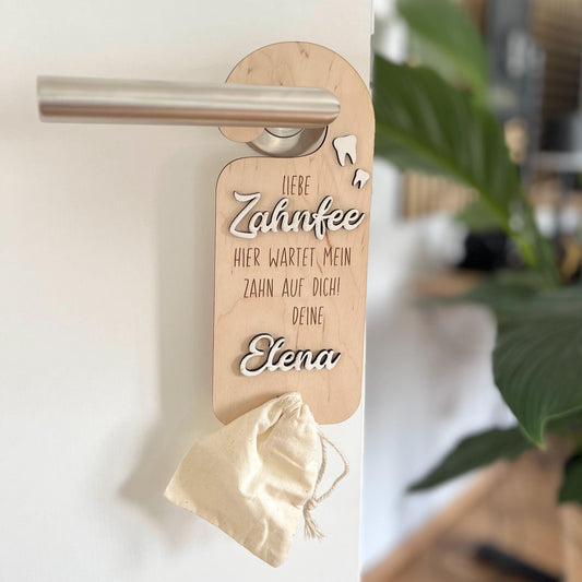 Zahnfee Türhänger Holz personalisiert  Geschenk Wackelzahn & Milchzahn Aufbewahrung, Kinderzimmer Deko mit 3D Name und Beutel