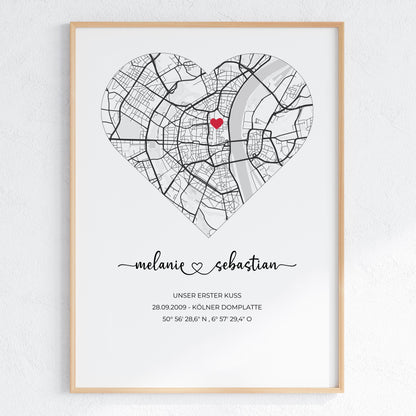Einweihungsgeschenk Geschenk zum Einzug Personalisierte Stadtkarte mit Herz & Koordinaten  Poster oder gerahmtes personalisiert Bild