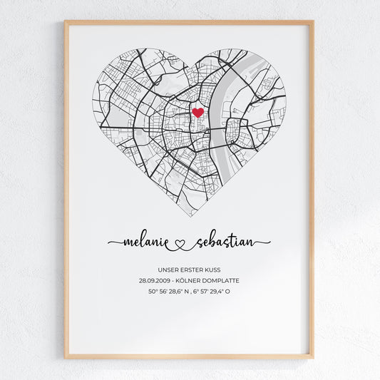 Einweihungsgeschenk Geschenk zum Einzug Personalisierte Stadtkarte mit Herz & Koordinaten  Poster oder gerahmtes personalisiert Bild