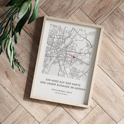 Koordinaten Poster personalisiert – Stadtplan mit Herzsymbol | Geschenk für Paare & Zuhause