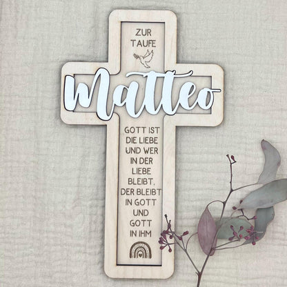 Taufkreuz aus Holz personalisiert – 3D-Rahmen mit Name, Datum & Taufspruch