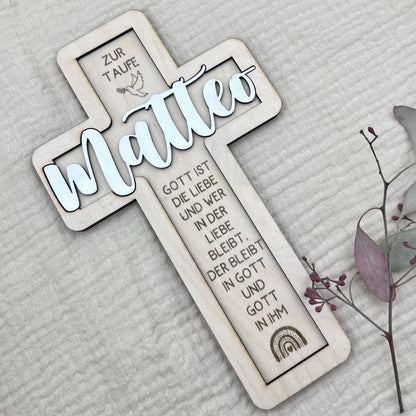 Taufkreuz aus Holz personalisiert – 3D-Rahmen mit Name, Datum & Taufspruch