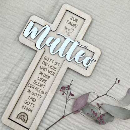 Taufkreuz aus Holz personalisiert – 3D-Rahmen mit Name, Datum & Taufspruch