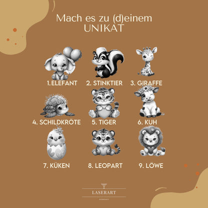 Personalisiertes Geschenk zur Geburt Geburtsschild mit Name & Geburtsdaten zur Taufe  Holzschild mit 3D Tiermotiv inkl. Lederband