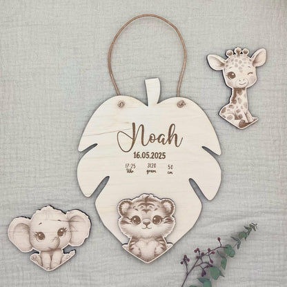 Personalisiertes Geschenk zur Geburt Geburtsschild mit Name & Geburtsdaten zur Taufe  Holzschild mit 3D Tiermotiv inkl. Lederband