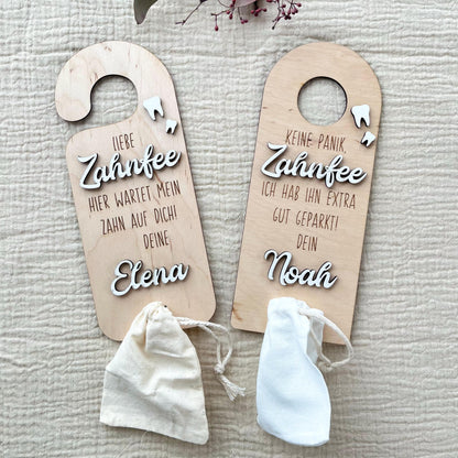 Zahnfee Türhänger Holz personalisiert  Geschenk Wackelzahn & Milchzahn Aufbewahrung, Kinderzimmer Deko mit 3D Name und Beutel