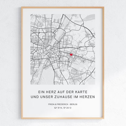 Koordinaten Poster personalisiert – Stadtplan mit Herzsymbol | Geschenk für Paare & Zuhause