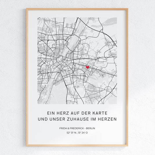 Koordinaten Poster personalisiert – Stadtplan mit Herzsymbol | Geschenk für Paare & Zuhause
