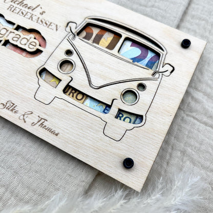 Geldgeschenk aus Holz personalisiert – VW Bulli Design für Hochzeit, Geburtstag & Jubiläum