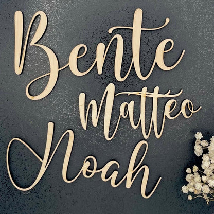 Platzkärtchen Schriftzug Name aus Holz 3 mm Personalisierte Tischdekoration Hochzeit, Taufe, Geburtstag, Weihnachten, Feste Birkenholz