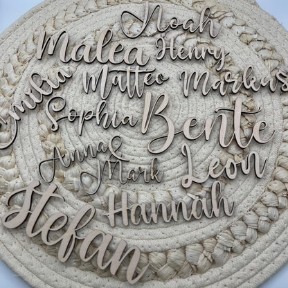 Platzkärtchen Schriftzug Name aus Holz 3 mm Personalisierte Tischdekoration Hochzeit, Taufe, Geburtstag, Weihnachten, Feste Birkenholz