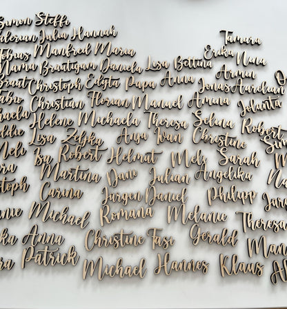 Platzkärtchen Schriftzug Name aus Holz 3 mm Personalisierte Tischdekoration Hochzeit, Taufe, Geburtstag, Weihnachten, Feste Birkenholz