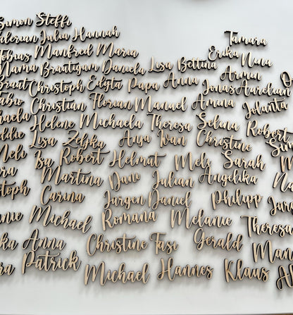 Platzkärtchen Schriftzug Name aus Holz 5 mm Personalisierte Tischdekoration Hochzeit, Taufe, Geburtstag, Weihnachten, Feste Birkenholz