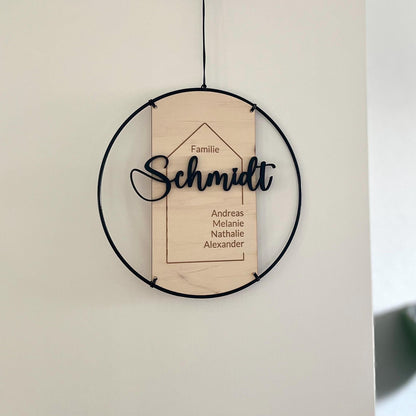 Türschild Familie  personalisierte geschenkideen  minimalistisch & modern  Holz Metallring Nachname mit 3D Effekt individueller Türkranz
