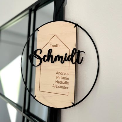 Türschild Familie  personalisierte geschenkideen  minimalistisch & modern  Holz Metallring Nachname mit 3D Effekt individueller Türkranz