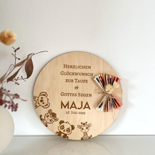 Geldgeschenk zur Taufe aus Holz personalisiert – mit Name, Datum & Spruch