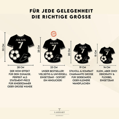 Fußball Namensschild aus Holz personalisiert – Kinderzimmer Türschild mit Trikot & Nummer