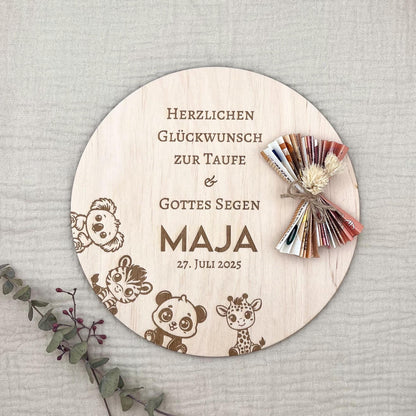 Geldgeschenk zur Taufe aus Holz personalisiert – mit Name, Datum & Spruch