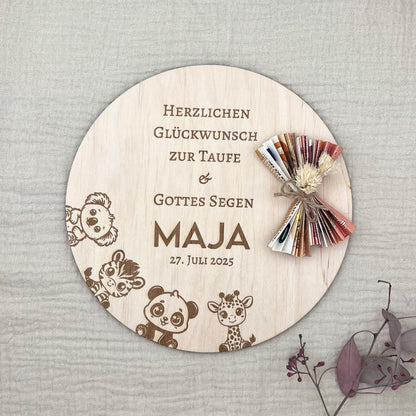 Geldgeschenk zur Taufe aus Holz personalisiert – mit Name, Datum & Spruch
