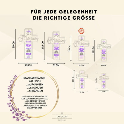 Taufkreuz aus Holz personalisiert – Geschenk zur Taufe, Kommunion & Konfirmation