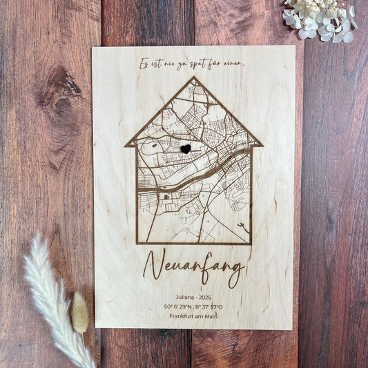 Koordinatenkarte aus Holz personalisiert – Geschenk zum Einzug, Hausbau & Richtfest
