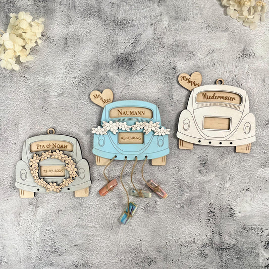Hochzeitsauto Geldgeschenk aus Holz – personalisiertes Hochzeitsgeschenk mit Namen & Datum