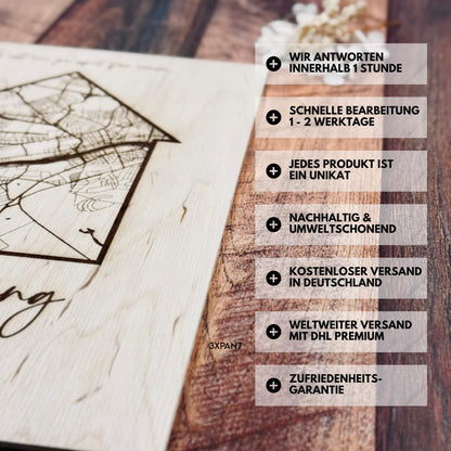 Koordinatenkarte aus Holz personalisiert – Geschenk zum Einzug, Hausbau & Richtfest