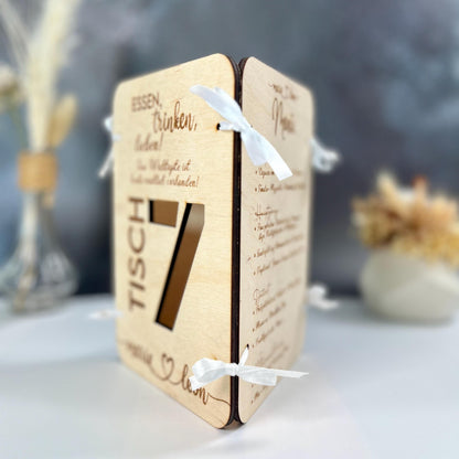 3in1 Menükarte, Getränkekarte und Tischnummer aus Holz
