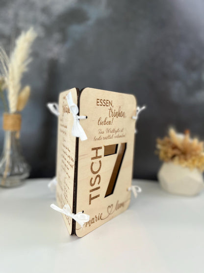 3in1 Menükarte, Getränkekarte und Tischnummer aus Holz