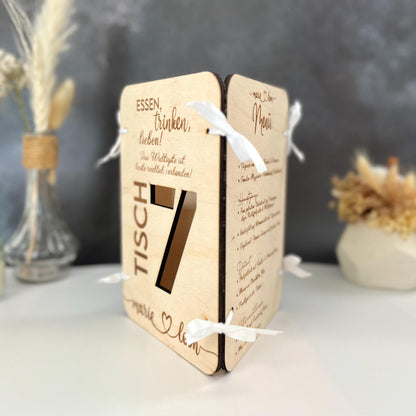 3in1 Menükarte, Getränkekarte und Tischnummer aus Holz